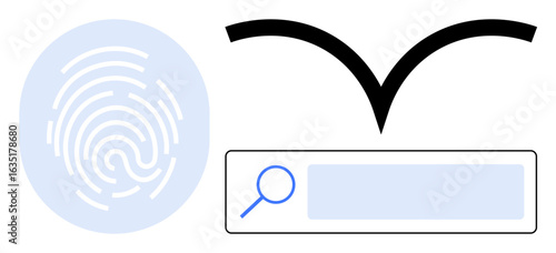 Minimalist fingerprint, search bar with magnifying glass, arrow symbolizing direction. Ideal for security, authentication, biometrics, privacy, data access identity user onboarding. Simple landing