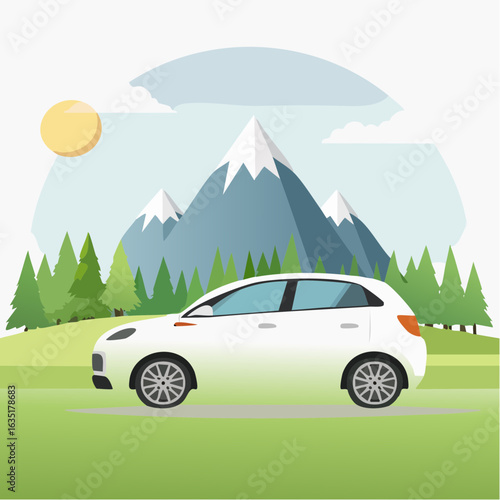 Sleek white hatchback journey against a scenic mountain landscape with sunlight