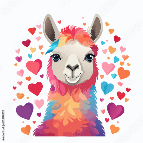 Adorable Llama Surrounded by a Colorful Array of Hearts, a Whimsical Illustration