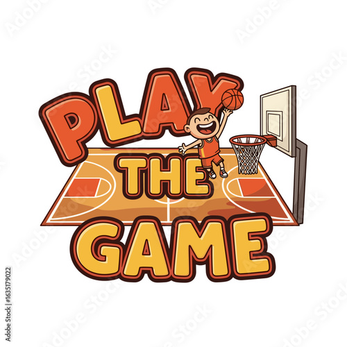 Cheerful Young Boy Playing Basketball and Enjoying the Game on a Colorful Court