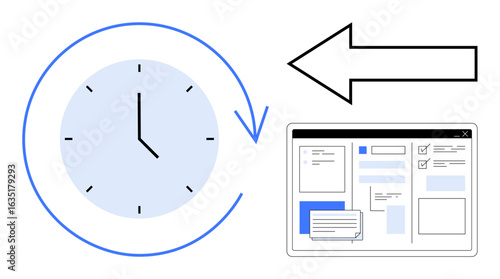 Clock with circular arrow beside webpage layout symbolizes backup, time management, and recovery process. Ideal for technology, data security, scheduling, process automation, productivity, planning