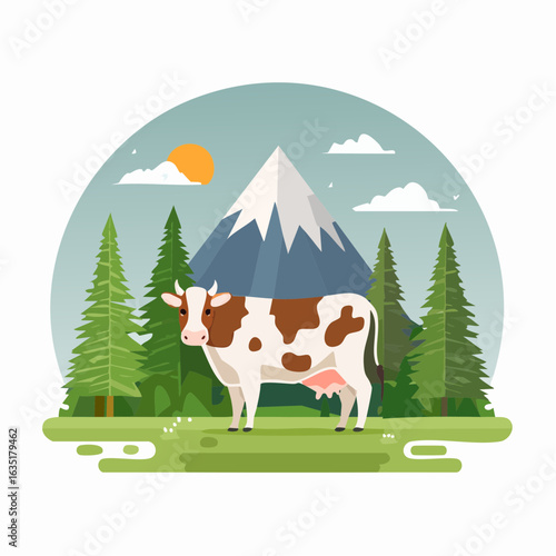 Idyllic Landscape Featuring a Spotted Cow with Mountain Backdrop and Green Meadow