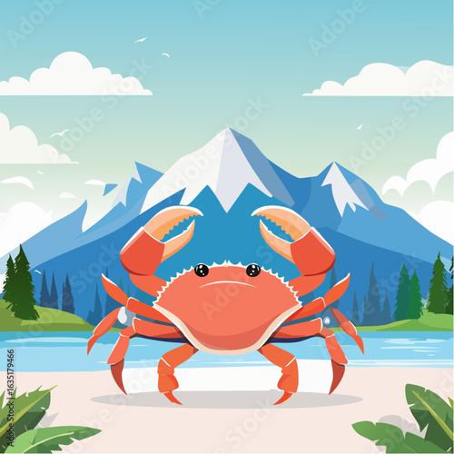 Cute crab illustration with a beautiful mountain landscape background creating a summer vibe
