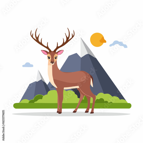 Majestic Deer Standing Proudly Against a Scenic Mountain Landscape Background Image