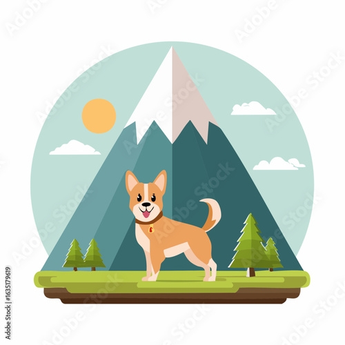 Cartoon dog enjoying nature scene with mountain and trees in serene landscape illustration