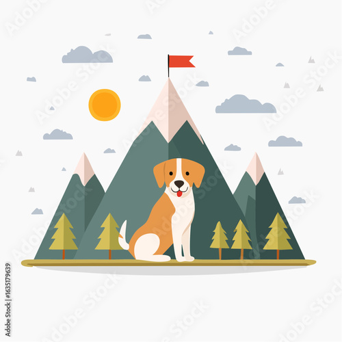 A cheerful dog's triumphant pose before majestic mountain scenery on a sunny day