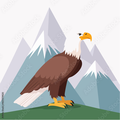 Majestic bald eagle illustration standing proudly before a mountain range backdrop