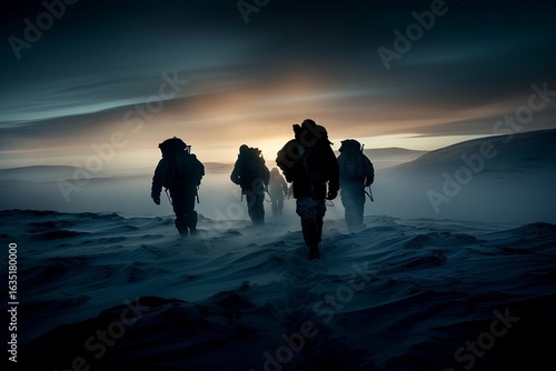 Five determined hikers navigate snowy mountains during sunset. Their adventurous spirit shines amidst the cold, serene landscape.