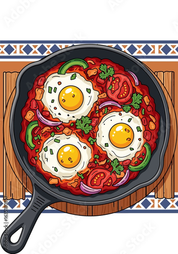 Overhead view of shakshuka in a cast iron skillet, featuring eggs, tomatoes, peppers, onions, and cilantro on a wooden board with a decorative border.