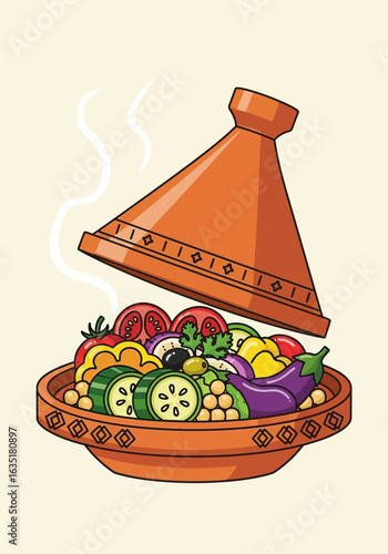 Steaming tagine filled with colorful vegetables and chickpeas.