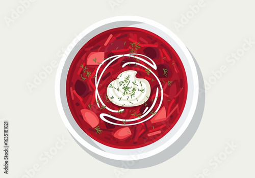 A bowl of vibrant borscht, a traditional beet soup, garnished with sour cream and dill.