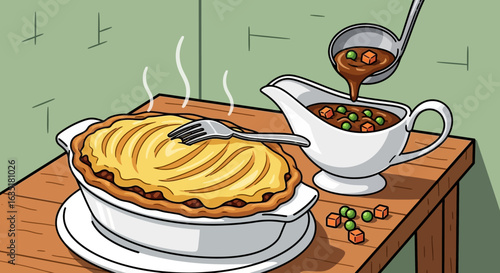 A freshly baked pie is served with gravy being poured from a gravy boat.