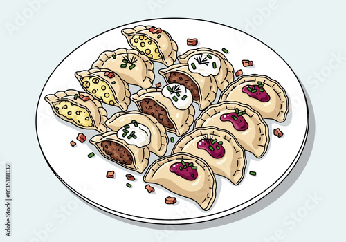 An illustration of a white plate showcasing various types of dumplings, including savory and sweet options, garnished with sour cream and herbs.