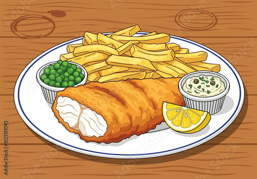 A plate of classic fish and chips with peas and tartar sauce on a wooden table.