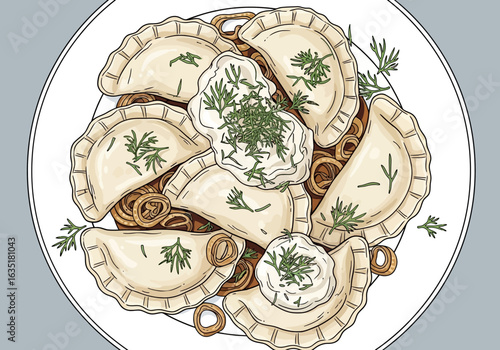 Illustration of pierogi dumplings served with sour cream, dill, and small bagels on a white plate.