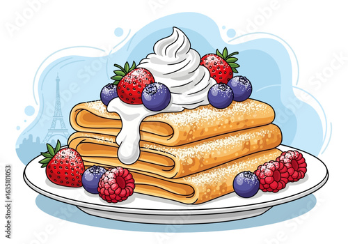 Delicious stack of crepes topped with whipped cream and fresh berries on a plate, with a subtle Eiffel Tower background.
