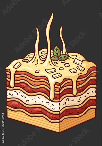 A cartoon illustration of a layered lasagna dish with melted cheese and basil garnish.