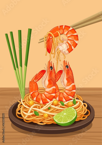 Shrimp Pad Thai dish with chopsticks, featuring noodles, vegetables, and lime.