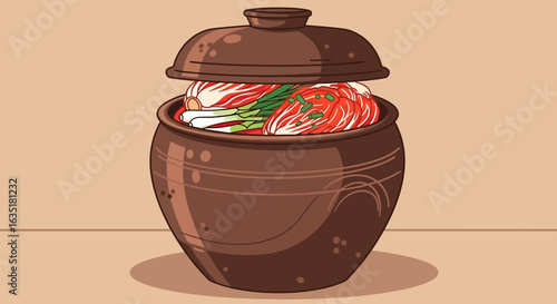 An illustration of a traditional Korean earthenware pot filled with freshly made kimchi.