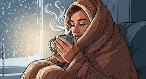 Woman bundled in a warm blanket, enjoying a hot drink by a snowy window.