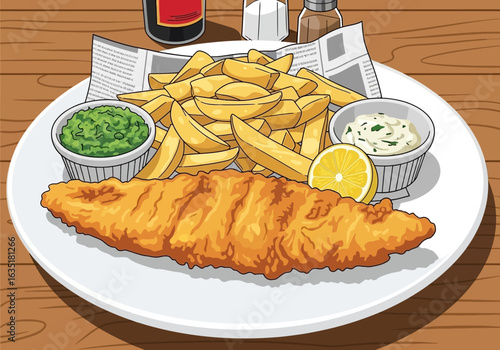 A classic British meal of golden battered fish and chips served with mushy peas, tartar sauce, and a lemon wedge on a plate.