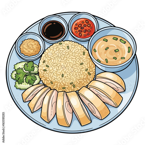 A vibrant illustration of Hainanese chicken rice, featuring tender sliced chicken, fragrant seasoned rice, and a variety of flavorful dipping sauces.