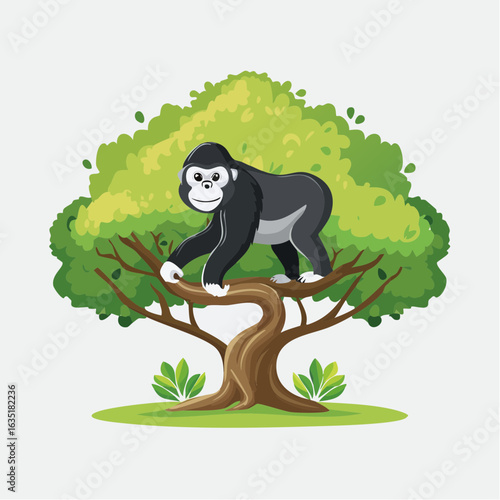 Cartoon Gorilla Balancing on a Tree Branch Surrounded by Lush Green Foliage Illustration