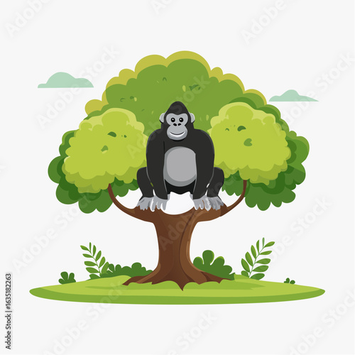 Cartoon Gorilla's Perch: A Playful Illustration of Wildlife Amidst Lush Greenery