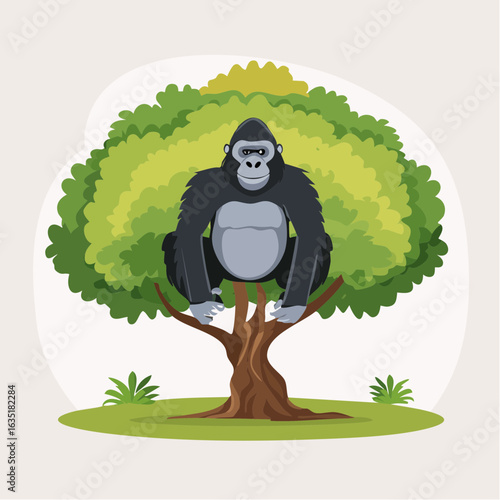 Cartoon Gorilla sitting on a tree branch in the jungle illustration art design