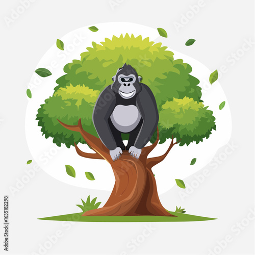 Cartoon Gorilla Perched on a Tree Branch amidst a Canopy of Green Leaves