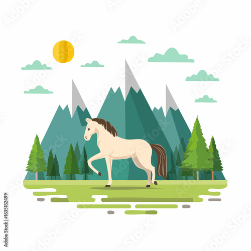 Majestic White Horse Amidst a Breathtaking Mountain Landscape Illustration