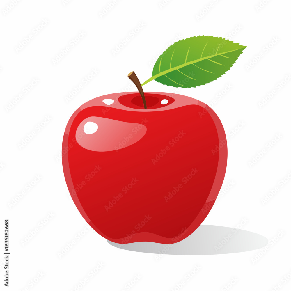 Fototapeta premium Illustration of a vibrant red apple with a green leaf against a clean white backdrop