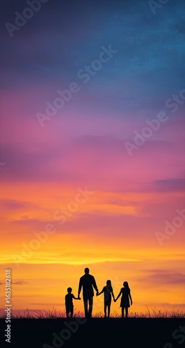 Family silhouette sunset stroll, colorful sky, peaceful evening, bonding
