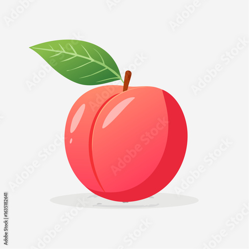 A cartoon depiction of a ripe peach with a vibrant leaf conveying a fresh and juicy image
