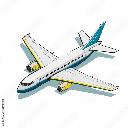 Isometric illustration of a passenger airplane in flight against a white background