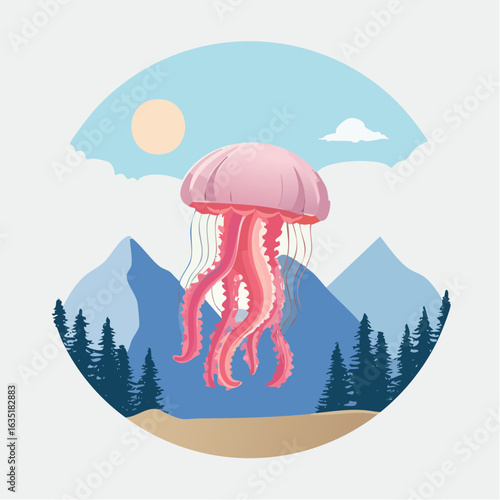 Surreal Jellyfish Landscape: A whimsical fusion of marine life and mountain scenery