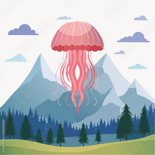 Surreal landscape depicting a large jellyfish floating above forested mountains