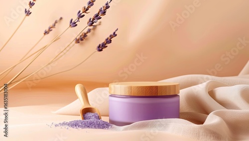 Lavender skincare cream jar, wooden scoop, and bath salts on beige fabric