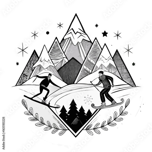 Skiers descending snowy mountains in black and white illustration  