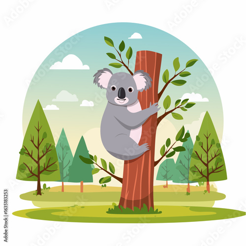 Cute koala clinging to a tree trunk in a vibrant cartoon forest illustration