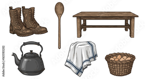 Rustic Still Life: Boots, Kettle, Table, Spoon, Eggs, and Cloth