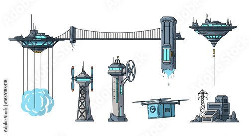 Futuristic Pixelated Cityscape Elements for Game Development and Creative Design