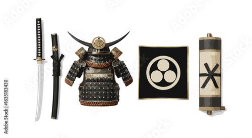 Traditional Japanese Samurai Armor and Weapons Collection on White Background