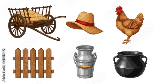 Farm life vector elements illustration featuring hay cart, chicken and milk can