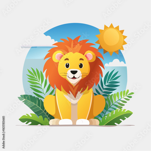 Cartoon lion amidst lush greenery under a sunny sky, radiating charm and innocence