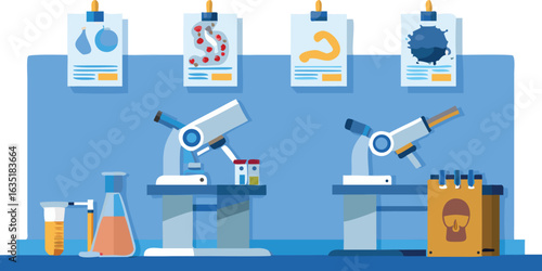 A laboratory filled with microscopes and various scientific equipment arranged on countertops.
