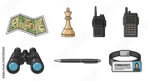 Strategic game planning elements: Map, chess piece, radio, binoculars, pen, commander badge.