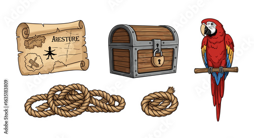 Pirate Treasure Elements: A Map, Chest, Rope, and Vibrant Scarlet Macaw