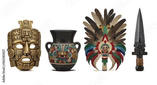 Ancient Aztec Artifacts Showcase: Mask, Vessel, Headdress, and Spear on White