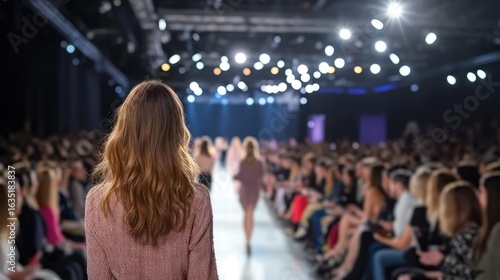 Fashion show spectacle with model on runway and seated audience